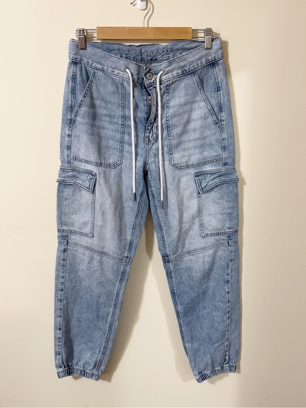 American Eagle Womens Denim Cargo Pants Drawstring Size 6 Pockets